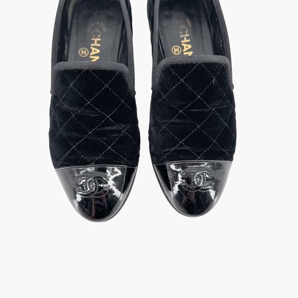 Chanel CC Cap Toe Quilted Loafers Size 37.5 US 6.5-7 Black Velvet Flat Slipper - Picture 3 of 14